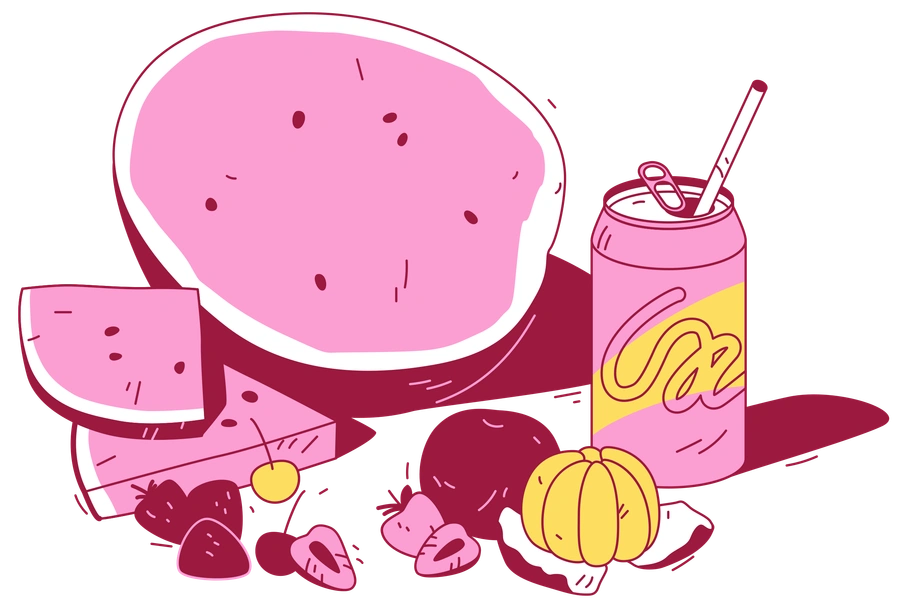Various pink snacks and a soda can - Storyline style illustration