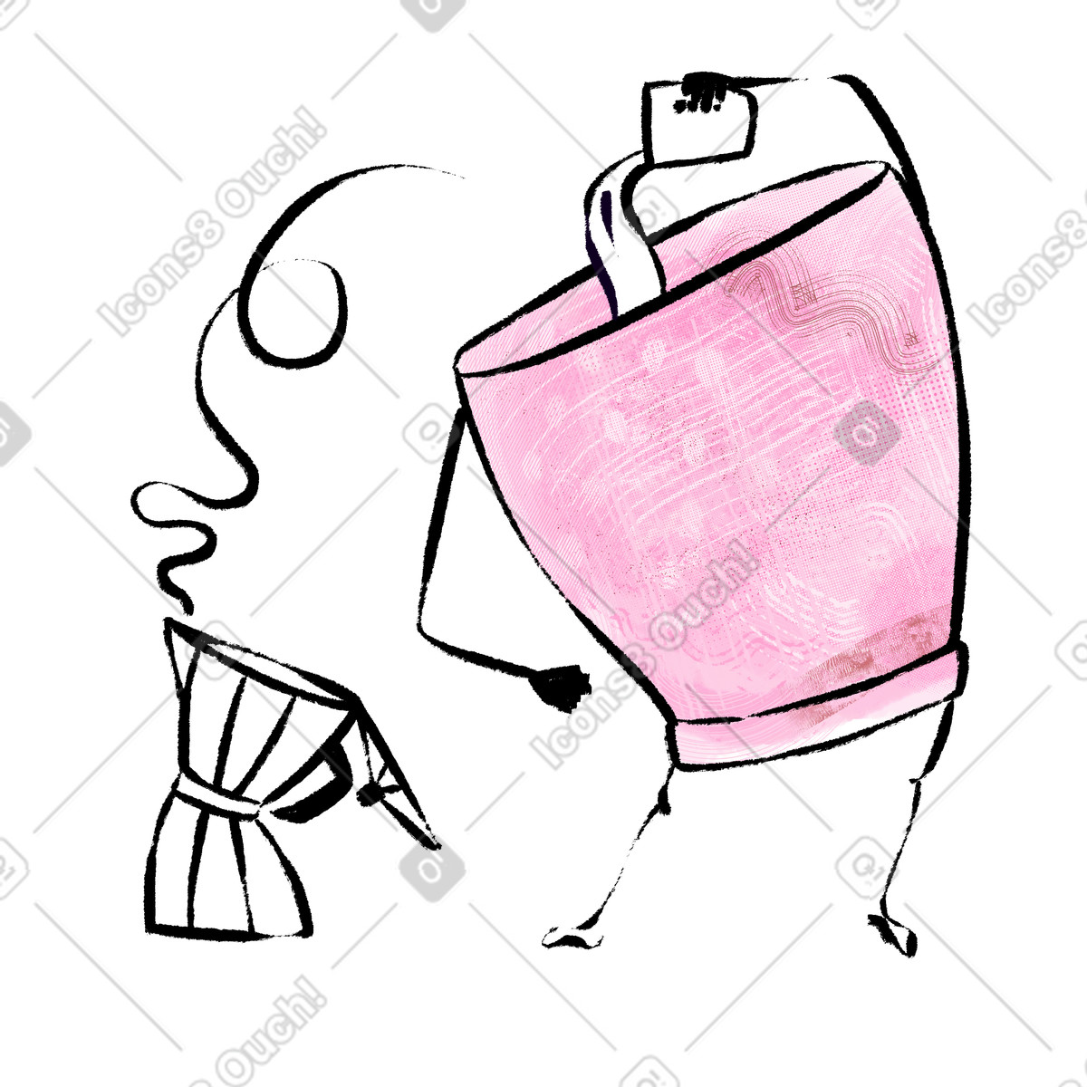 Ilustración Cafetera moka y taza preparando café en estilo Doobry a descargar en PNG SVG