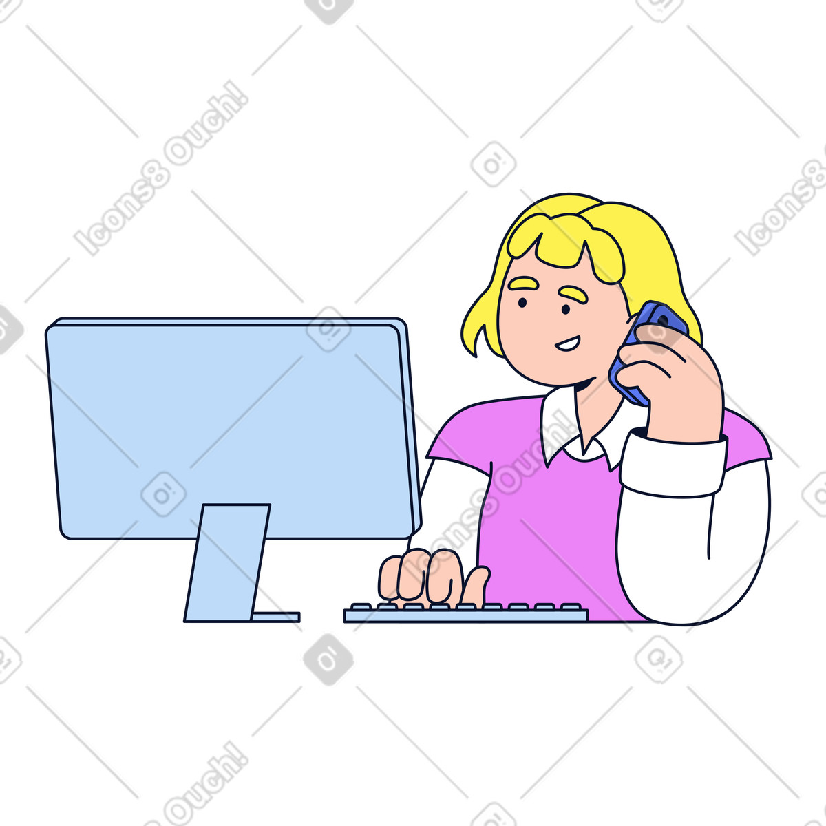 Flexy 스타일의 Employee at desktop computer talking on phone, working as customer support specialist 일러스트레이션 PNG, SVG 다운로드