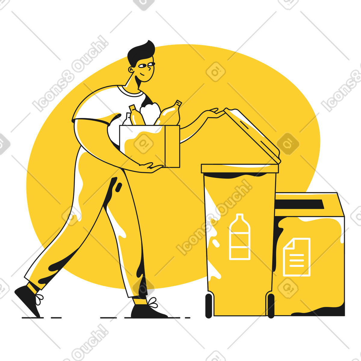 Illustration Un homme trie les déchets dans des poubelles le style Taxi à télécharger aux formats PNG, SVG