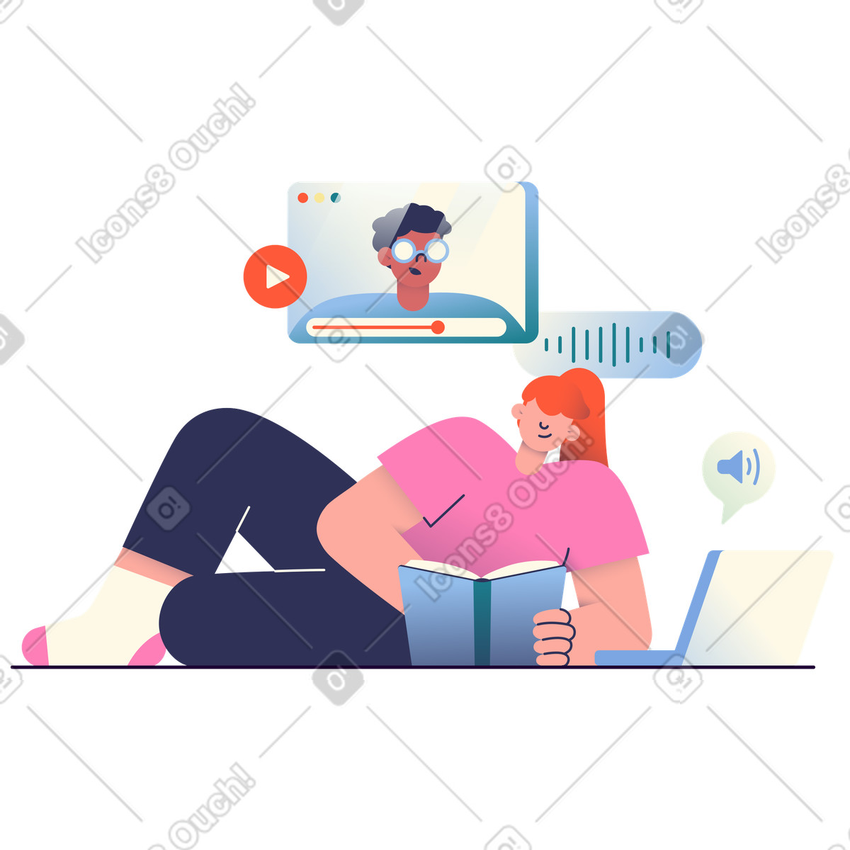Watching a video for online education illustration in Beam style download in PNG, SVG
