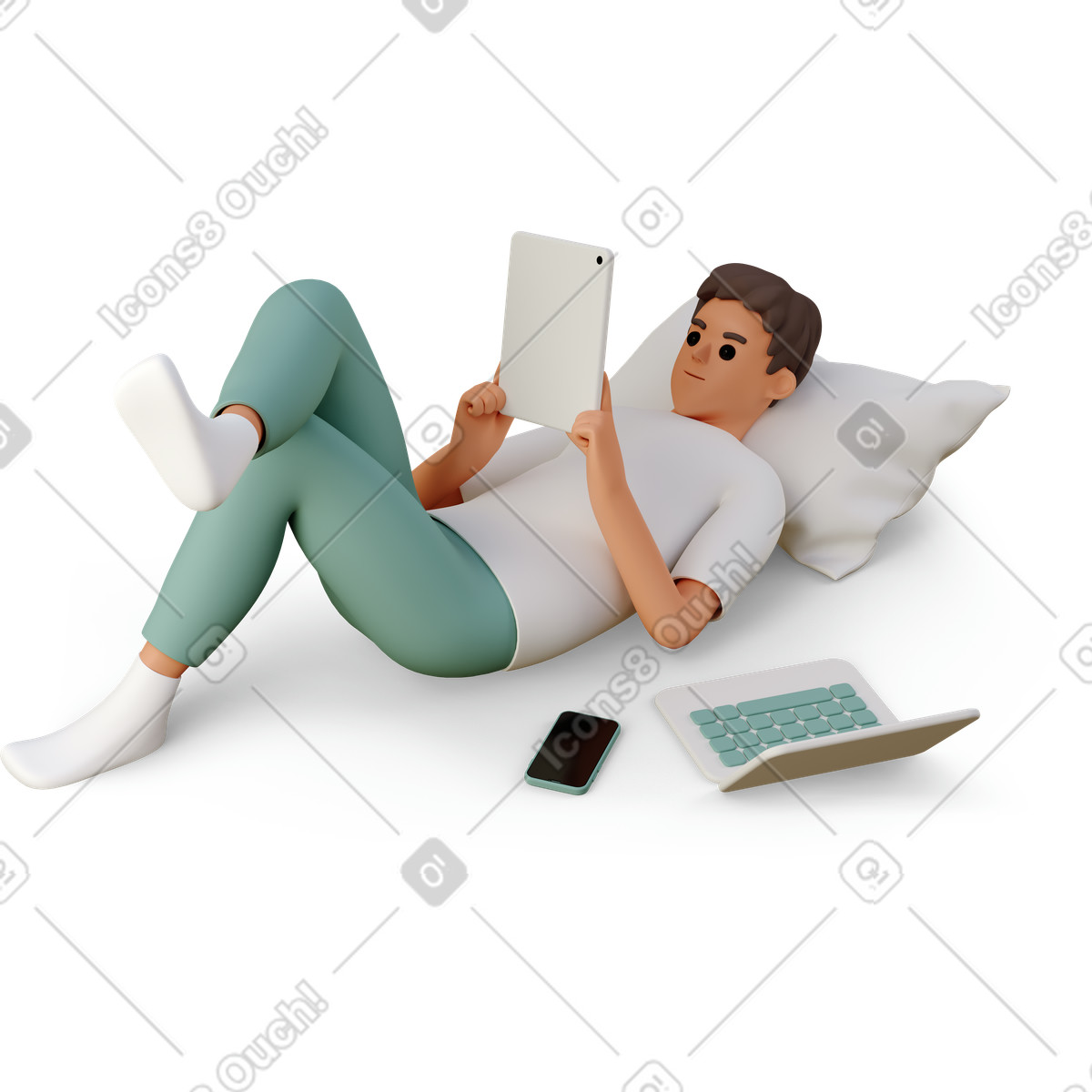 Lying on pillow using tablet with laptop and phone nearby, digital relaxation screen time illustrazione in stile 3D Casual life scarica in PNG, SVG