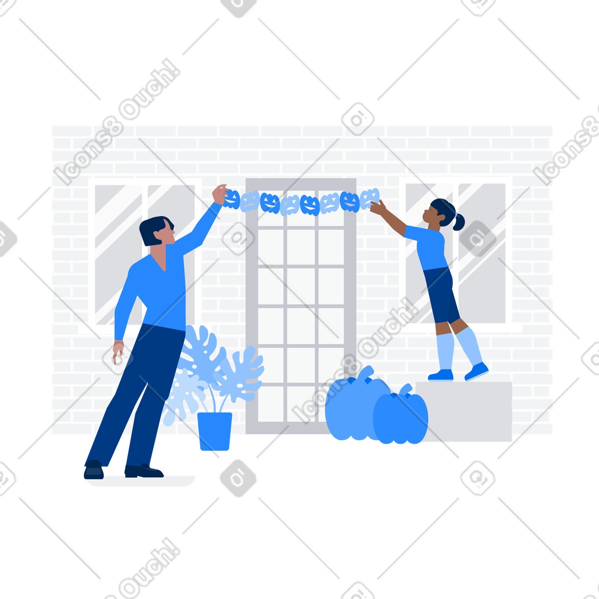 Urban スタイルの Father and daughter hanging pumpkin garland over doorway, Halloween home decor のイラストをPNG、SVG形式でダウンロード