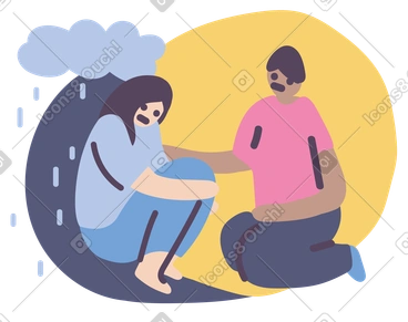 Rain cloud above sad woman sitting against the man lending a helping hand PNG, SVG