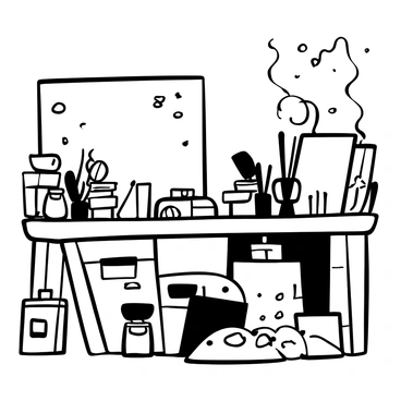An artist's studio filled with various art supplies. A wooden table is covered with an array of brushes scattered alongside tubes of paint in various sizes. An open palette with mixed colors is positioned next to the brushes. A large 9x12 illustration board stands upright against the wall, with a few sketches pinned beside it. Canvases of different sizes are stacked in a corner, and several jars filled with water are placed on the table, ready for cleaning the brushes. The overall atmosphere reflects a creative workspace, busy with artistic activity.