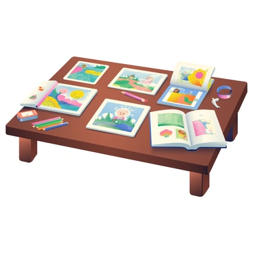 A wooden table with a rich, dark finish is spread with a variety of illustrations. There are several colorful, detailed drawings featuring whimsical landscapes, playful animals, and intricate patterns. Each illustration is placed at different angles, showcasing the vibrant colors and fine details. A small stack of additional, unreviewed illustrations is situated to the side, while an open sketchbook lies on the table, showing a partially completed drawing. A set of colored pencils in an array of colors is scattered around, along with a sharpener and a few loose sheets of paper.
