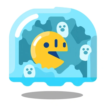 "Pac-Man navigating through icy caverns with slippery paths and frozen ghost-like figures."