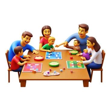 A family gathered around a wooden table playing board games. They are smiling and laughing together. Various colorful board games are spread out on the table, with game pieces and dice scattered around. Snacks in bowls, such as popcorn and chips, are placed on the table. The family members include a father, a mother, a brother, and a sister, all engaged in the game. The sister is reaching for a game piece while the brother giggles. The father is leaning forward, smiling, and the mother is holding a bowl of snacks. The scene conveys a warm and joyful atmosphere.