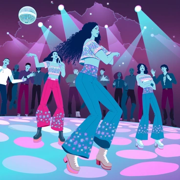 A vibrant 1970s-themed dance floor filled with colorful disco lights reflecting off a shiny surface. The scene features several dancers wearing bell-bottoms and platform shoes, showcasing a variety of bright patterns and colors. One dancer, a woman with long, curly hair, wears a sequined top and spins joyfully while other dancers move energetically in the background. The atmosphere is lively, with a disco ball hanging from the ceiling, scattering light around the room, and the crowd enjoying the music, some clapping their hands in rhythm.