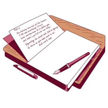 An open letter with "heartfelt words" written in neat cursive is lying flat on a wooden table. Next to the letter, there is a classic fountain pen with a shiny silver nib, positioned as if it was recently used. The wooden table has a rich, warm tone, highlighting the texture of the grain. In the background, soft natural light illuminates the scene, casting gentle shadows.