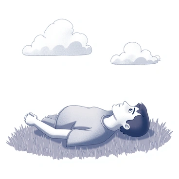 A person is lying on a grassy field. Their body is relaxed, and their face is turned upward toward the sky. The individual's eyes are wide open, reflecting a pensive expression as they gaze at the clouds above. The grass is lush, with blades varying in height and texture surrounding the person. Fluffy clouds drift across the sky, casting soft shadows on the ground. The scene captures a moment of contemplation, with the person fully immersed in their thoughts.