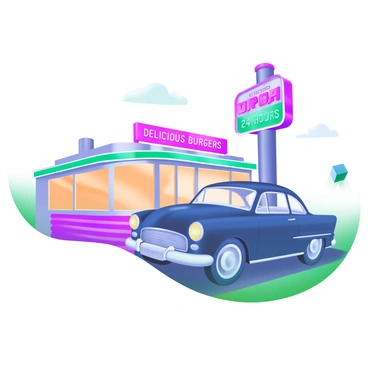 A classic car's silhouette is prominently displayed in the foreground, positioned slightly to the left. The car features rounded edges and vintage details that highlight its design. In the background, a retro diner stands tall, with its iconic shape and large windows. The diner is illuminated by glowing neon lights in vibrant colors, casting a warm ambiance. The signs on the diner read "Open 24 Hours" and "Delicious Burgers" in bright pink and teal lettering. The scene captures the charm of a nostalgic atmosphere, blending the classic car and diner seamlessly.