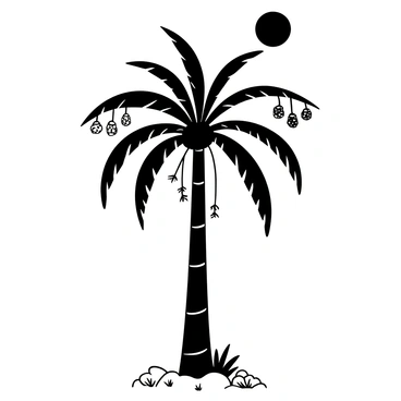 A date palm tree standing tall, divided into four sections to represent the four seasons. In the "spring" section, the palm is adorned with vibrant green fronds and clusters of blooming flowers. The "summer" section shows the palm with mature green leaves and hanging bunches of dates, with a bright sun in the backdrop. In the "autumn" section, the fronds display hints of yellowing, and some dates are ripe and ready for harvest, scattered leaves are on the ground below. The "winter" section depicts the palm tree bare with a dusting of snow on the trunk and some frost on the remaining fronds. Each section is clearly defined, illustrating the seasonal changes surrounding the date palm.