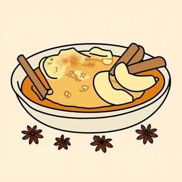 A vector illustration of a spiced pear dessert with cinnamon sticks and star anise for garnish.