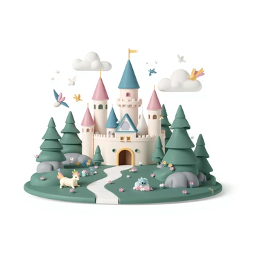 A whimsical flat-3D castle with tall, colorful towers and intricate details on its walls. The castle is situated at the center of a vibrant enchanted forest filled with lush green trees and colorful flowers. Various mythical creatures, such as a small unicorn with a shimmering mane, a friendly dragon resting on a rock, and a fairy with delicate wings, are scattered around the scene. Brightly colored birds fly above the castle, adding a lively atmosphere to the surroundings. The sky is clear with a few fluffy clouds, creating a cheerful setting.