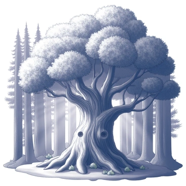 A large, ancient tree stands prominently in the center of a dense forest. Its trunk is thick and gnarled, with deep grooves and knots that tell the story of centuries. The leaves of the tree have an ethereal glow, radiating light in the dim surroundings. The forest around the tree is filled with tall, slender trunks of other trees, their bark rough and textured, creating a natural frame. The ground is covered with soft, lush moss, and small ferns can be seen at the base of the tree. Rays of light break through the canopy, highlighting the unique features of the tree and casting intricate shadows on the forest floor.