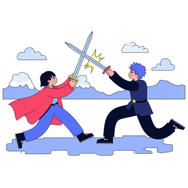 Two characters are engaged in a dramatic sword fight. One character is wearing a flowing red cloak and wielding a long, gleaming sword. They have short black hair and a determined expression on their face. The other character has spiky blue hair and is dressed in dark armor, expertly wielding a shorter sword. The two characters are positioned in a dynamic pose, with their blades clashing in the center of the scene, sending sparks flying. The ground beneath them is rocky and uneven, adding intensity to their battle. In the background, there are distant mountains and a stormy sky, emphasizing the energy of the fight.