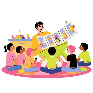 A teacher sitting in a colorful classroom is reading an interactive storybook. The teacher has short brown hair and is wearing glasses, smiling as they hold the book up. A captivated group of children, diverse in appearance, sits cross-legged on a vibrant rug in front of the teacher. The children are wide-eyed and smiling, engaged with the story. The storybook features colorful illustrations, with characters jumping out of the pages. Various learning materials such as blocks and art supplies are scattered around the room, enhancing the lively atmosphere.