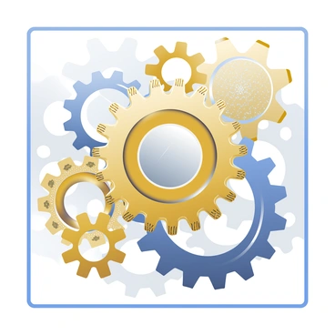A collection of large, interlocking gears and cogs is arranged in the center of the image, showcasing intricate details and textures. The gears are composed of brass and steel, with shiny surfaces reflecting light and displaying engraved patterns. Some gears are in motion, with visible motion lines illustrating their movement. The background includes smaller gears, providing a sense of depth and complexity to the machinery. The entire assembly is framed within a rectangular border, emphasizing the mechanical design.