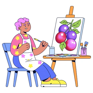 An artist sits at an easel, wearing a white apron with colorful paint splatters. The artist holds a paintbrush in one hand while the other hand rests on a palette filled with various bright colors. In front of the artist, there is a vibrant watercolor painting depicting a cluster of plums in shades of deep purple and red. The painting captures the glossy texture of the plums and features green leaves surrounding them. The scene is bathed in warm sunlight, creating a cheerful atmosphere. There are brushes and a jar of water on a small table beside the artist.