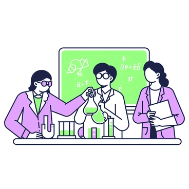 A group of three students is conducting a science experiment in a classroom. One student with glasses is pouring a green liquid from a beaker into a test tube held by another student. The third student is taking notes on a clipboard while observing the reactions. On the table, there are several beakers with different colored liquids and a rack holding multiple test tubes. The students are wearing laboratory coats and safety goggles, focused on their experiment. The background features a chalkboard with scientific equations written on it.