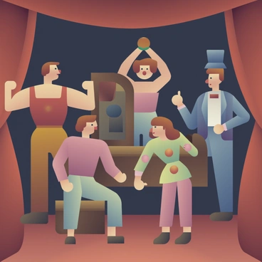 A group of five 1930s circus performers, including a strongman lifting weights, a trapeze artist stretching on a bench, a clown applying makeup in front of a mirror, a juggler practicing with balls, and a ringmaster adjusting his top hat, all surrounded by colorful costumes and props in a dimly lit backstage area.