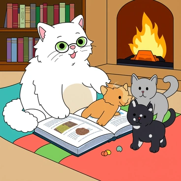 A fluffy white cat with big green eyes and a small pink nose is sitting comfortably on a soft, colorful blanket. The cat is wearing a tiny pair of round glasses perched on its nose. In front of the cat is an open book, filled with illustrated pages, and it is animatedly reading to a group of three playful kittens. The kittens, one orange, one gray, and one black with white spots, are gathered close, their eyes wide with curiosity. Behind them, a warm, crackling fireplace is glowing, casting a gentle light that enhances the coziness of the scene. The room is adorned with shelves filled with books and a few cat toys scattered around. The atmosphere is inviting and full of warmth.