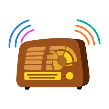 A vintage radio with a wooden casing and a large circular dial is the focal point of the image. The radio features intricate details, such as brass knobs and a woven speaker grille. Sound waves, depicted as colorful curved lines, visually emanate from the radio, radiating outward in vibrant arcs. The background is simple and unobtrusive, allowing the radio and the sound waves to stand out prominently.