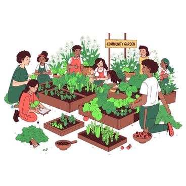 A vibrant community potager garden filled with a variety of green plants and blooming flowers. In the garden, diverse people are actively collaborating, with some kneeling to plant seeds in the rich soil while others are tending to the vegetables in large raised beds. One person is sharing gardening tips while holding a small gardening book, surrounded by others who listen intently. Nearby, a group is harvesting ripe tomatoes and peppers, their hands full of fresh produce. Colorful gardening tools are scattered around, and a wooden sign with the words "Community Garden" can be seen in the background.
