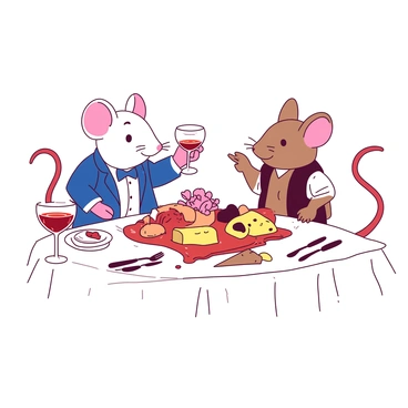 An elegant mouse wearing a tiny blue tuxedo is seated at a lavish dinner table covered with a white tablecloth. Opposite the elegant mouse, a rustic mouse dressed in a simple brown vest is enjoying a meal. The table is adorned with ornate silver cutlery and sparkling crystal glasses filled with a vibrant red drink. A large, beautifully arranged platter of cheese and fruits sits between them, with a small pink flower as a centerpiece. The elegant mouse is raising a glass, smiling at the rustic mouse, who is animatedly gesturing while pointing at the delicious food.