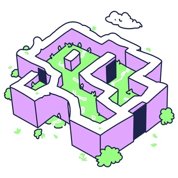 A complex maze is depicted with high walls and a pathway filled with twists and turns. In the center, there are several openings that resemble exits, each leading to different sections of the maze. However, all these paths ultimately curve back to the entrance, creating a confusing layout. The walls of the maze feature intricate designs, enhancing the complexity of the structure. Small plants are scattered along the pathways, adding detail to the scene. The sky is visible above, providing a sense of openness around the maze.