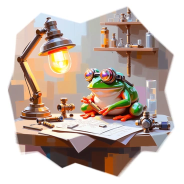 A steampunk-themed frog with bronze-colored skin and intricate clockwork goggles perched on its head is diligently working on a mechanical invention. The frog is sitting on a wooden workbench surrounded by an array of tools, gears, and blueprints. Various copper pipes and valves are scattered around the cluttered workshop, giving it an industrious atmosphere. The background features shelves stacked with gadgets and half-finished projects, while a flickering gas lamp provides warm lighting, casting shadows across the scene.