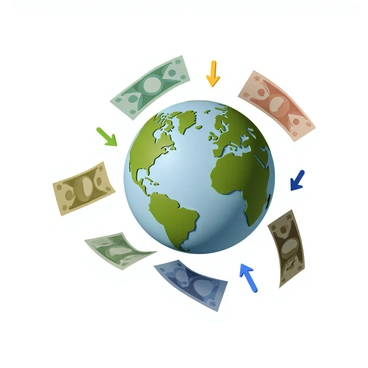 A detailed globe showcasing a world map with prominent countries and oceans visible. Surrounding the globe are various currencies, including the US dollar, euro, yen, and pound, each depicted as crisp, colorful banknotes with recognizable symbols. Exchange rate arrows are illustrated in a dynamic manner, with some arrows pointing upward and others downward, indicating currency fluctuations. The entire composition is arranged to highlight the relationship between the globe and the currencies.