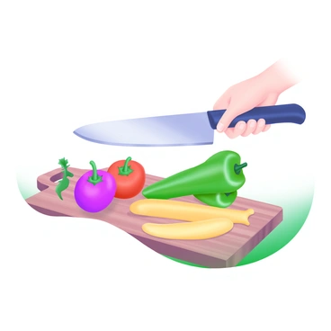 A right hand using a chef's knife to slice fresh vegetables on a cutting board.