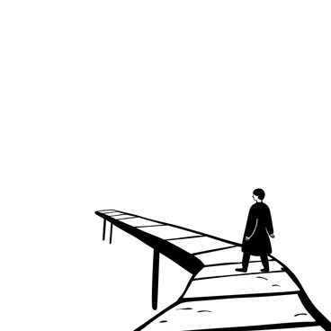 A long bridge extending into a thick layer of mist. The bridge appears weathered, with wooden planks leading the way forward. At the beginning of the bridge, a figure dressed in a long coat stands, gazing into the fog that obscures the path ahead. The mist envelops the surroundings, creating an atmosphere of uncertainty. The person’s posture suggests hesitation, as they clutch the edge of the bridge. The scene is devoid of any distinctive features beyond the bridge and the figure, emphasizing the mysterious, enveloping mist.