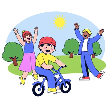A young child with a bright red helmet is riding a small blue bicycle. The child has a big smile, showcasing excitement and determination. In the background, two parents are standing with their arms raised, cheering enthusiastically. The scene is set in a green park with a few trees and a clear blue sky above. The sun is shining, adding warmth to the cheerful atmosphere.