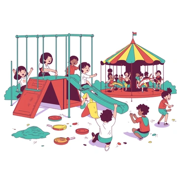 A vibrant scene depicts a playground filled with children of various ethnicities playing together. In the foreground, a group of children is happily swinging on a set of teal swings, their laughter echoing in the air. Nearby, a few children are climbing on a red jungle gym, with one child sliding down a slide. On the soft ground, a couple of kids are drawing with colorful chalk, while another child is chasing a frisbee thrown by a friend. In the background, a colorful carousel spins steadily, with children riding on it, their expressions filled with joy. The sky above is clear, adding to the cheerful ambiance of the playground.