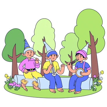 A group of elves is gathered in a lush forest glade, each playing a different musical instrument. One elf is playing a silver flute, while another strums a small harp with delicate strings. A third elf is seated on a log, holding a round tambourine adorned with colorful designs. The trees surrounding the glade are tall and green, with soft sunlight filtering through the leaves, casting dappled shadows on the ground. In the background, there are wildflowers adding splashes of color to the scene.
