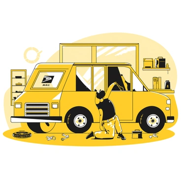 A mechanic is kneeling beside a mail truck inside a workshop. The mechanic is wearing a black shirt and dark pants, with a tool belt around the waist. He is focused on inspecting the engine under the hood of the truck. Various tools, including wrenches and a screwdriver, are scattered on a workbench nearby. The workshop has large windows letting in natural light, and there are shelves filled with parts and equipment lining the walls. A tire and a toolbox are positioned close to the truck.