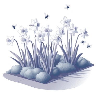 A garden filled with blooming daffodils arranged in clusters throughout the scene. The flowers have tall, slender stems and wide, trumpet-shaped petals. Several bees are seen hovering around the flowers, their wings in motion as they engage with the blossoms. The garden has a well-tended appearance, with green foliage surrounding the flowers and a path winding through the area. The sunlight casts delicate shadows on the ground, highlighting the beauty of the flowers and the activity of the bees.