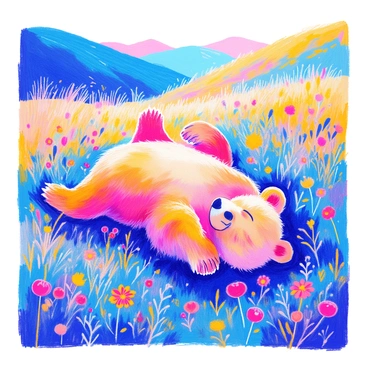 A bear lying on its back in a meadow, lazily munching on berries