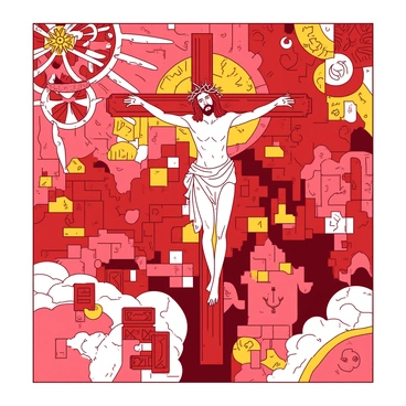 A red and yellow mosaic features Jesus on the cross at the center of the composition. Jesus is depicted with a crown of thorns, his expression showing compassion. The cross is surrounded by an array of colorful tiles, each tile displaying intricate patterns and symbols. The background contains vibrant geometric shapes that enhance the visual richness of the piece. Sunlight filters through, casting a warm glow on the mosaic, highlighting the detailed craftsmanship.
