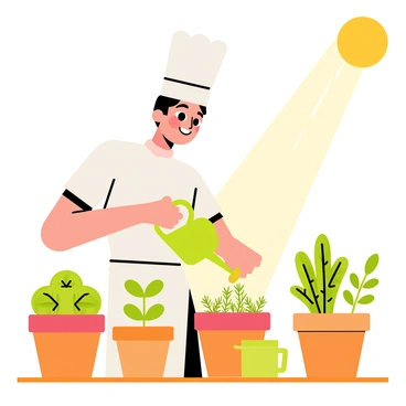 A chef wearing a white apron and a tall chef's hat is tending to their herb garden. The garden is filled with various pots arranged on a wooden table. Bright green basil plants are in one pot, while another pot holds lush parsley. Nearby, a third pot is filled with fragrant thyme. The chef is gently watering the plants with a small watering can, showcasing a focused expression. Sunlight streams down, illuminating the vibrant colors of the herbs and creating a cheerful atmosphere around the scene.