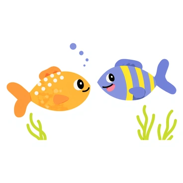 Two cute fish with brightly colored bodies, one orange with white spots and the other blue with yellow stripes, are swimming towards each other. Their eyes are wide with joy, and their mouths are curved into big smiles. Bubbles are rising around them, adding a playful touch to the scene. The background features green aquatic plants swaying gently in the water.