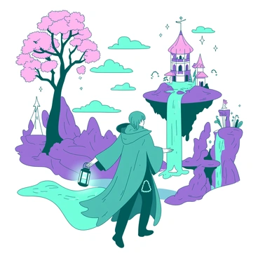 A teal magical explorer is walking through a white dreamscape that features surreal landscapes. Towering, twisted trees with pink leaves rise into the sky, and colorful, oversized flowers bloom at their base. Floating islands with purple rocks hover in the air, covered in whimsical structures that defy gravity. In the background, a cascading waterfall of blue liquid flows from one island to another, while stars twinkle in the sky above. The explorer wears a flowing coat adorned with mystical symbols and carries a glowing lantern that casts light on their path.