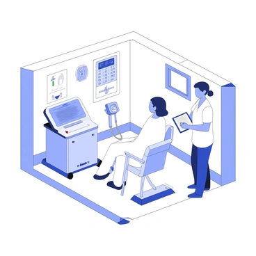 A compact and portable hemodialysis machine is set up in a small clinic room. The machine features a digital display panel that shows various readings and settings. Tubing connects the machine to a patient sitting comfortably in a chair, wearing a hospital gown. The room contains basic medical equipment like a blood pressure monitor and an IV stand. On the walls, there are medical posters and a small window allowing light to enter the space. A nurse is standing nearby, attentively monitoring the machine while taking notes on a clipboard.