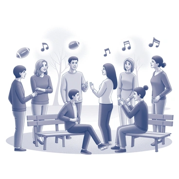 A neighborhood gathering with several groups of people engaging in conversation. Each group consists of individuals of various ages and backgrounds, standing or sitting in a park-like setting. Above their heads, there are glowing icons that represent their preferences for activities, such as a football for sports, a paintbrush for arts and crafts, and a musical note for music. The expressions on their faces indicate excitement and enthusiasm as they discuss and choose their preferred activities. The scenery includes lush trees and benches, setting a welcoming atmosphere for community interaction.