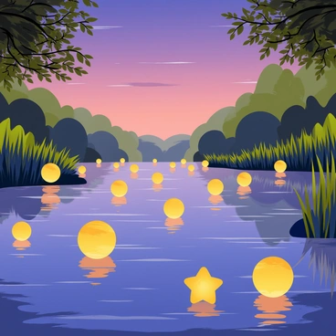 A river scene featuring a wide, gently flowing river with clear, rippling water. The surface of the river is illuminated by numerous floating lanterns, each emitting a warm, golden glow. The lanterns are variously shaped, including round and star-like forms, and they create beautiful reflections on the water's surface. On the banks of the river, there are lush green trees and softly swaying reeds, framed by a twilight sky filled with shades of purple and orange. The overall atmosphere feels tranquil and enchanting.