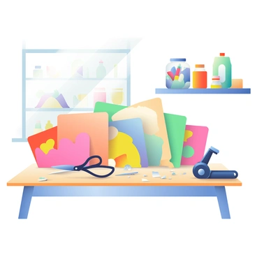 A craft corner is set up with an array of colorful paper cutouts on a wooden table. There are several boards of varying thicknesses displayed, each one labeled. A pair of scissors lies next to a thin board, while a craft knife rests beside a medium thickness board. A heavy-duty hole punch is positioned next to a thick board, showcasing the different tools used for crafting. Small bits of cut paper are scattered across the table, indicating recent activity. In the background, a shelf holds jars filled with various crafting supplies like markers, glue, and ribbons. Natural light streams in through a nearby window, illuminating the creative space.