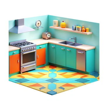 A vintage kitchen floor featuring retro linoleum patterns with vibrant geometric designs in colors like orange, yellow, and aqua. The floor is complemented by chrome accents on cabinets and appliances, reflecting the light and adding a shiny contrast. A classic stove with a chrome finish sits against the wall, and the overall atmosphere conveys a nostalgic charm.